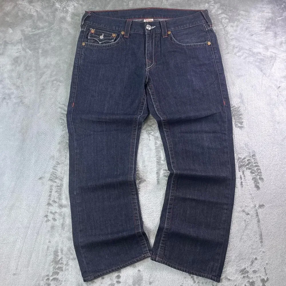 Vintage True Religion Straight Horseshoe Pocket Dark Wash Denim Jeans Mens Sz 34